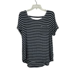 Love Charm Striped Knit Top XL Gray White Strappy Cage Back Short Sleeve Rolled